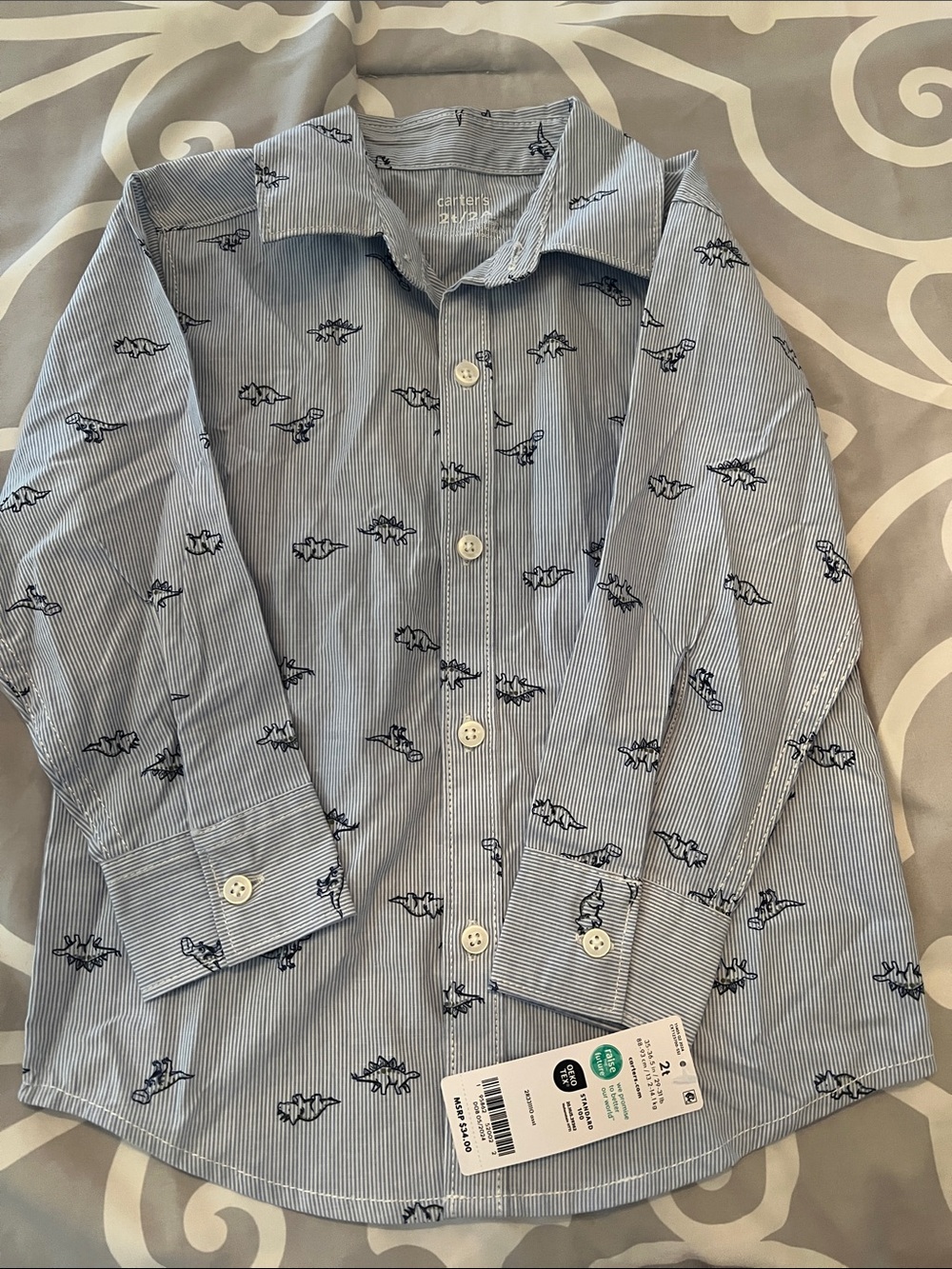 NWT Carter's Light Blue Button-Up Shirt with Navy Dino Print